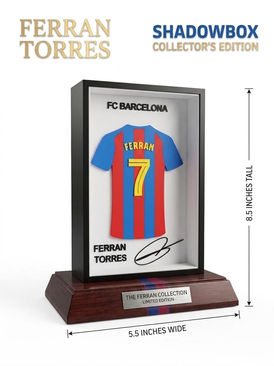 Ferran Torres FC Barcelona 3D Printed Jersey Shadowbox | Barça #7 Soccer Memorabilia | Football Fan Gift | FCB Desk Art Decor 5.5x8.5"