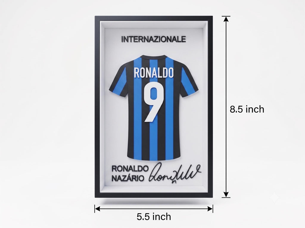 Ronaldo Nazário R9 Inter Milan 3D Printed Jersey Shadow Box | Legend Soccer Art | Desk, Shelf, or Wall Decor | Back to School Dorm Room Gift