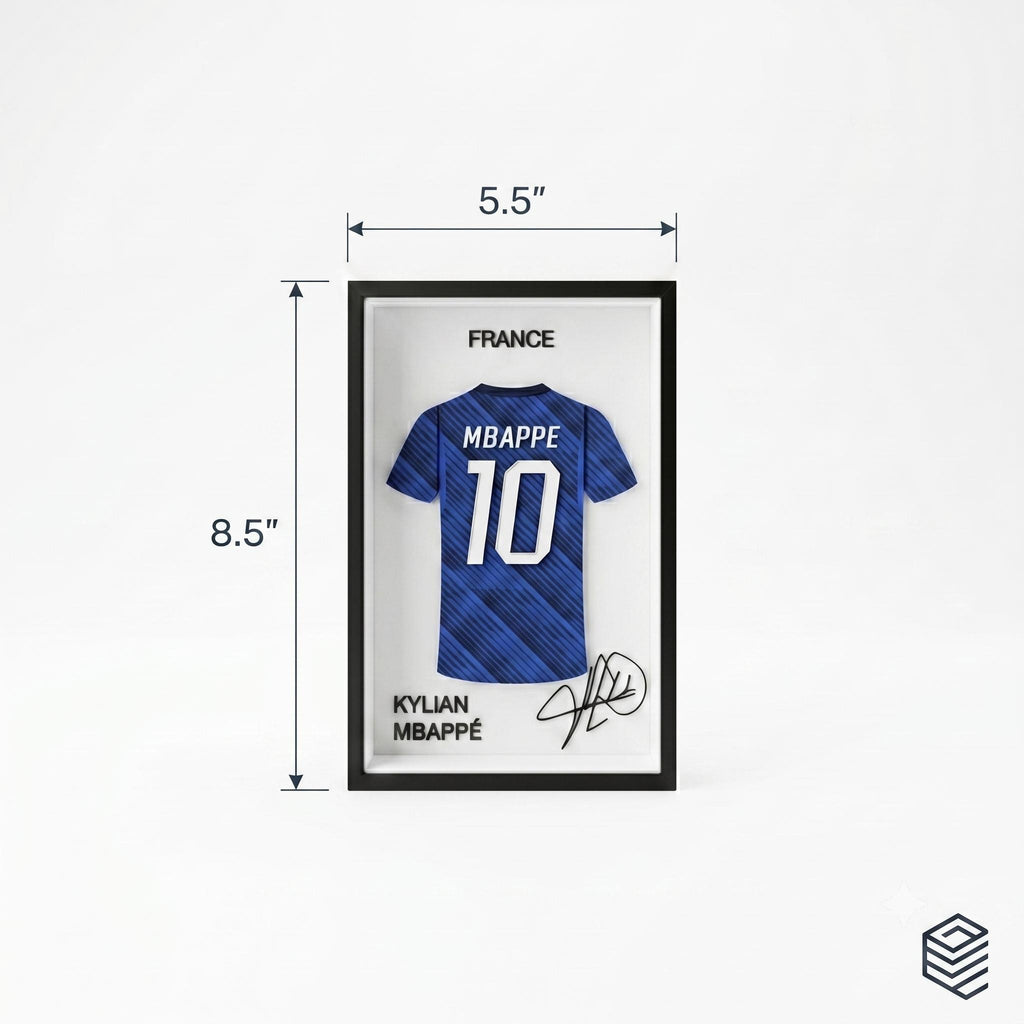 Kylian Mbappe France 3D Printed Jersey Frame – Premium Layered Football Wall Art, France Soccer Fan Desk Decor, Compact 8.5" x 5.5" Display