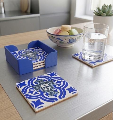 Portugal FPF Azulejo Coaster Set of 4 – 3D Printed Blue White Away Theme – Handmade Football Gift for Fans- Mediterranean Decor – Ronaldo