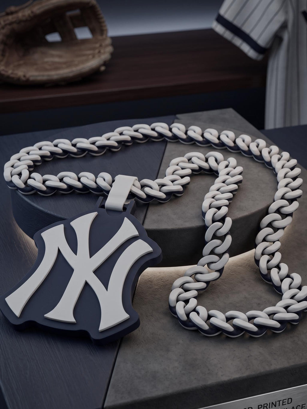 NY Yankees Necklace, Bronx Baseball 3D Printed Fan Pendant, Chunky Curb Chain, Custom MLB Inspired Statement Jewelry