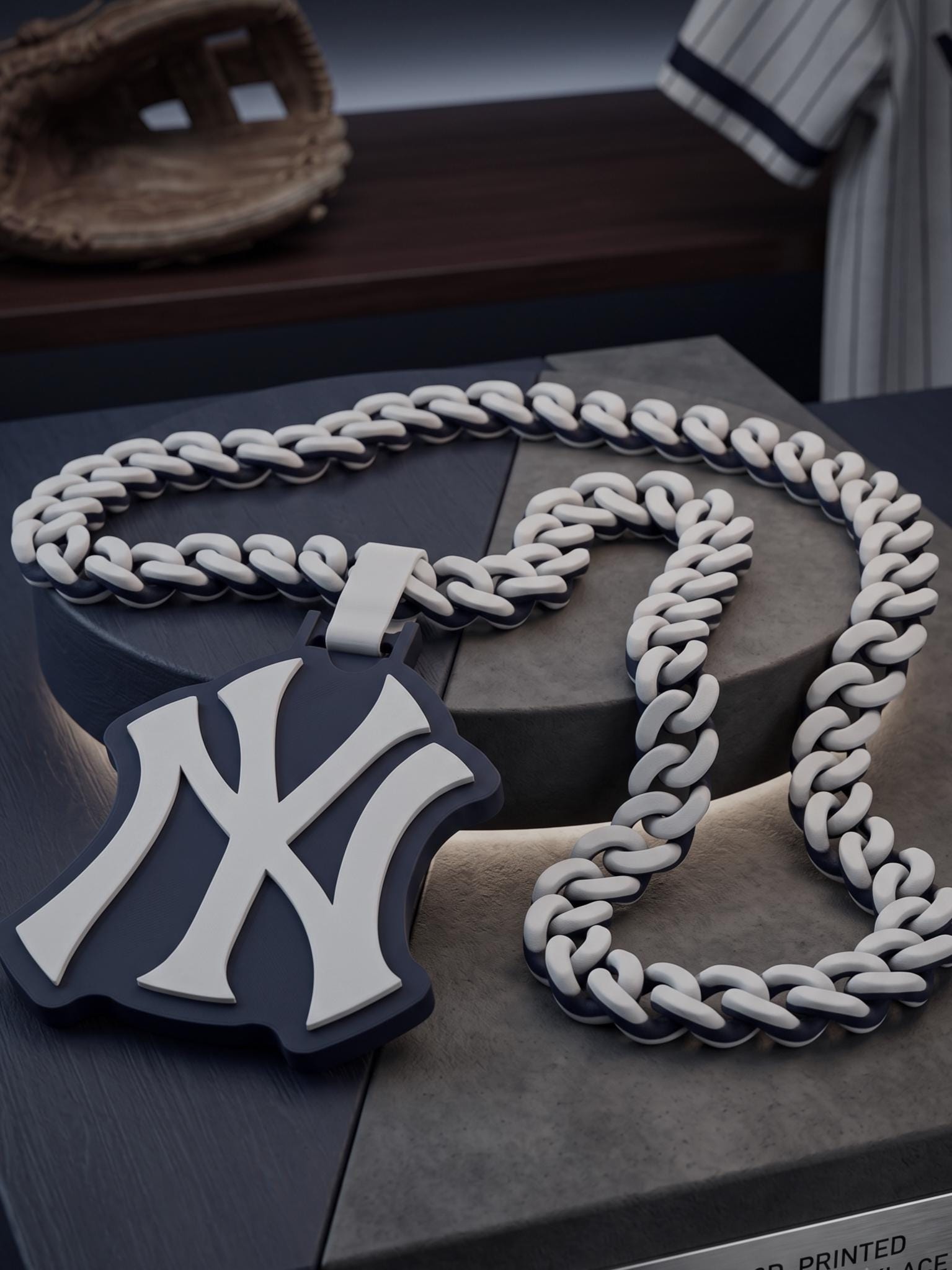 NY Yankees Necklace, Bronx Baseball 3D Printed Fan Pendant, Chunky Curb Chain, Custom MLB Inspired Statement Jewelry