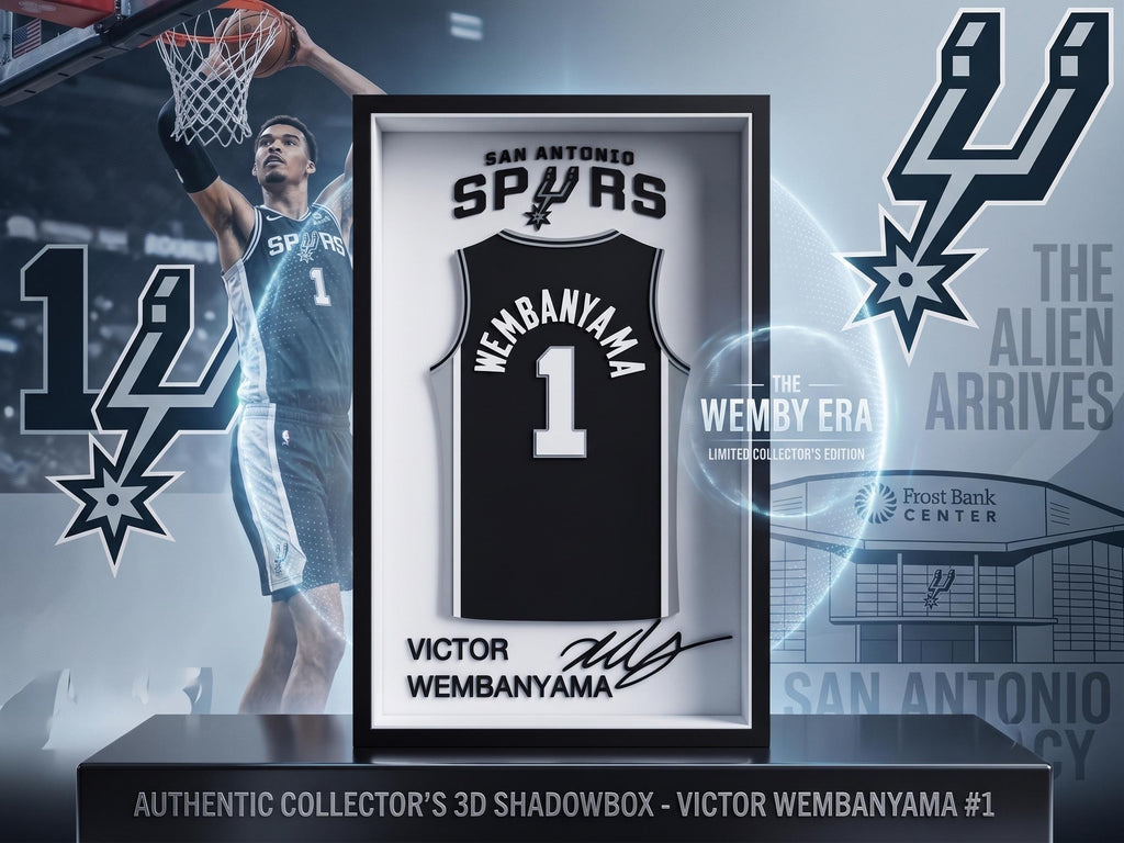 Victor Wembanyama 3D Printed Jersey Shadowbox, NBA Spurs Wemby #1 Desk Shelf or Wall Decor, Dorm Room Gift, Back to School Sports,