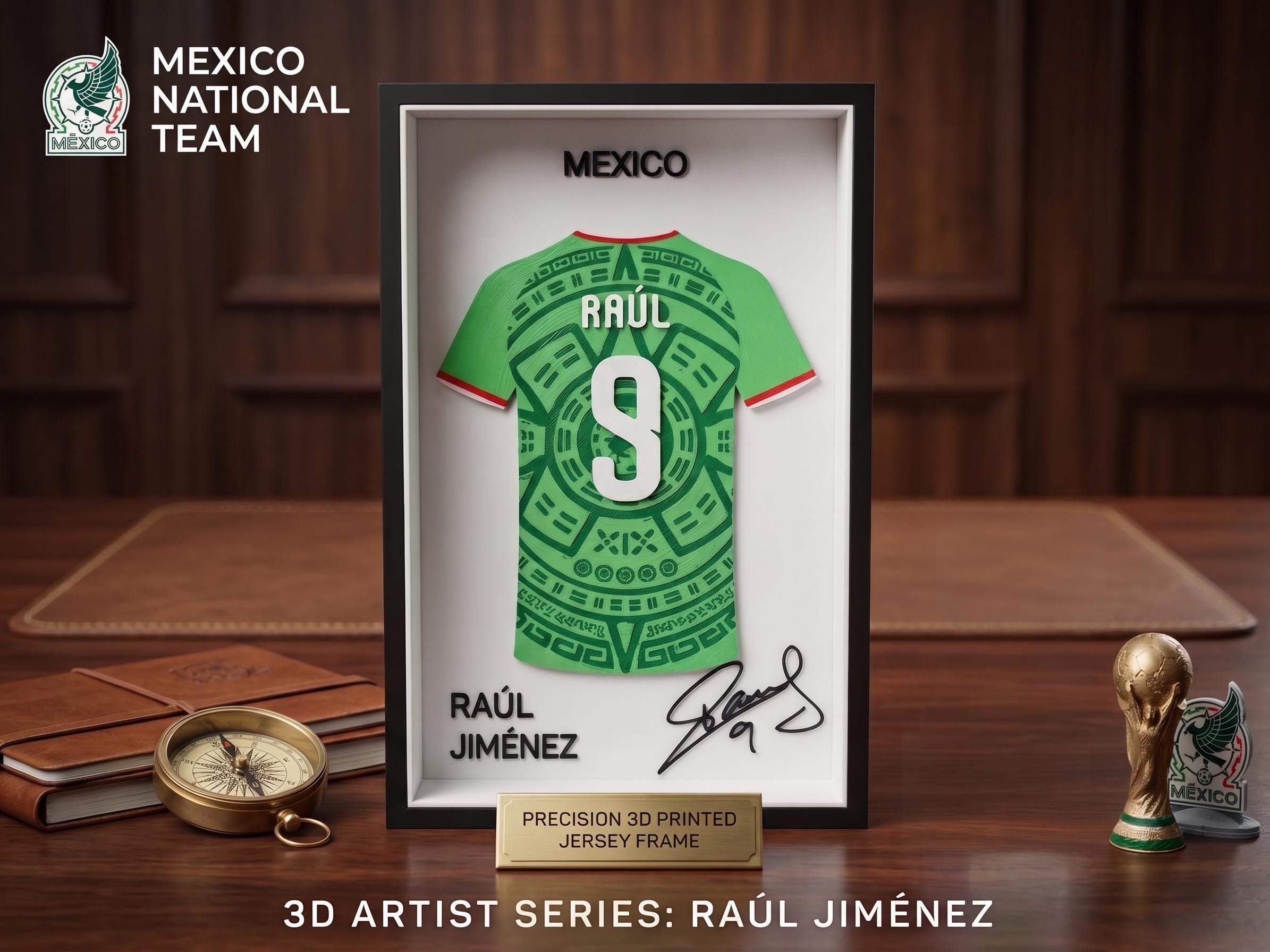 Raúl Jiménez Mexico Jersey 3D Printed Shadow Box Desk Art | Custom Soccer Memorabilia Jersey Frame | Mexico National Team Football Gift