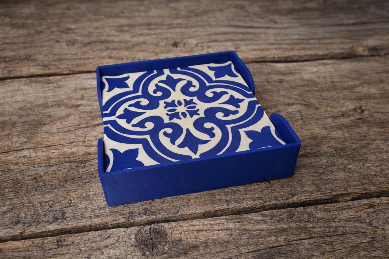 Portuguese Azulejo 3D Printed Coaster Set of 4 – Blue White Tile Pattern – Handmade Mediterranean Home Decor Gift – Kitchen & Living Room