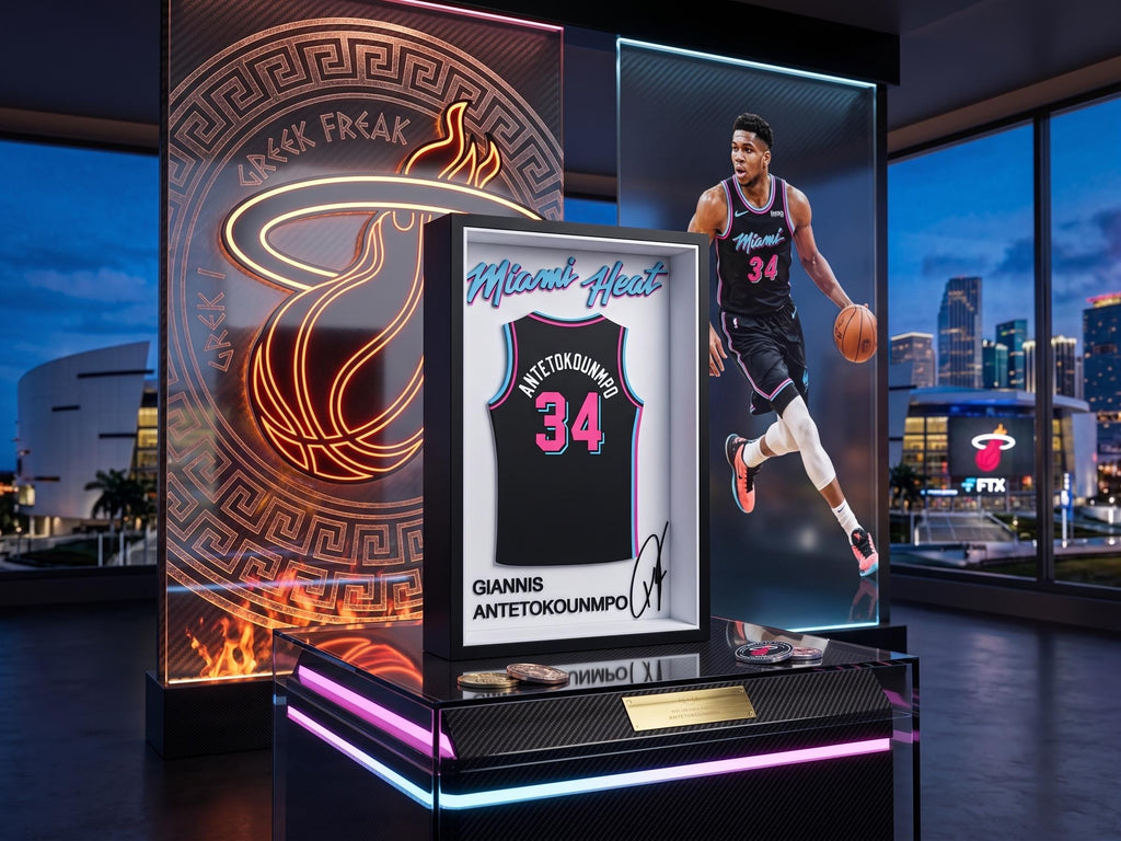 Miami Heat Giannis Jersey Shadow Box | 3D Printed NBA Dorm Room & Desk Shelf Decor | Back to School Sports Fan Gift | Basketball Wall Art