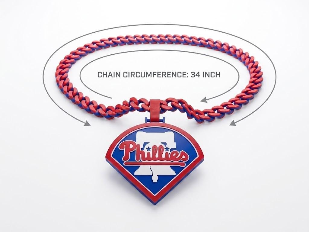 Philadelphia Phillies Chain Necklace | 3D Printed 34-Inch Game Day Phanatic Fan Gear | Citizens Bank Park Tailgate | MLB Logo Pendant