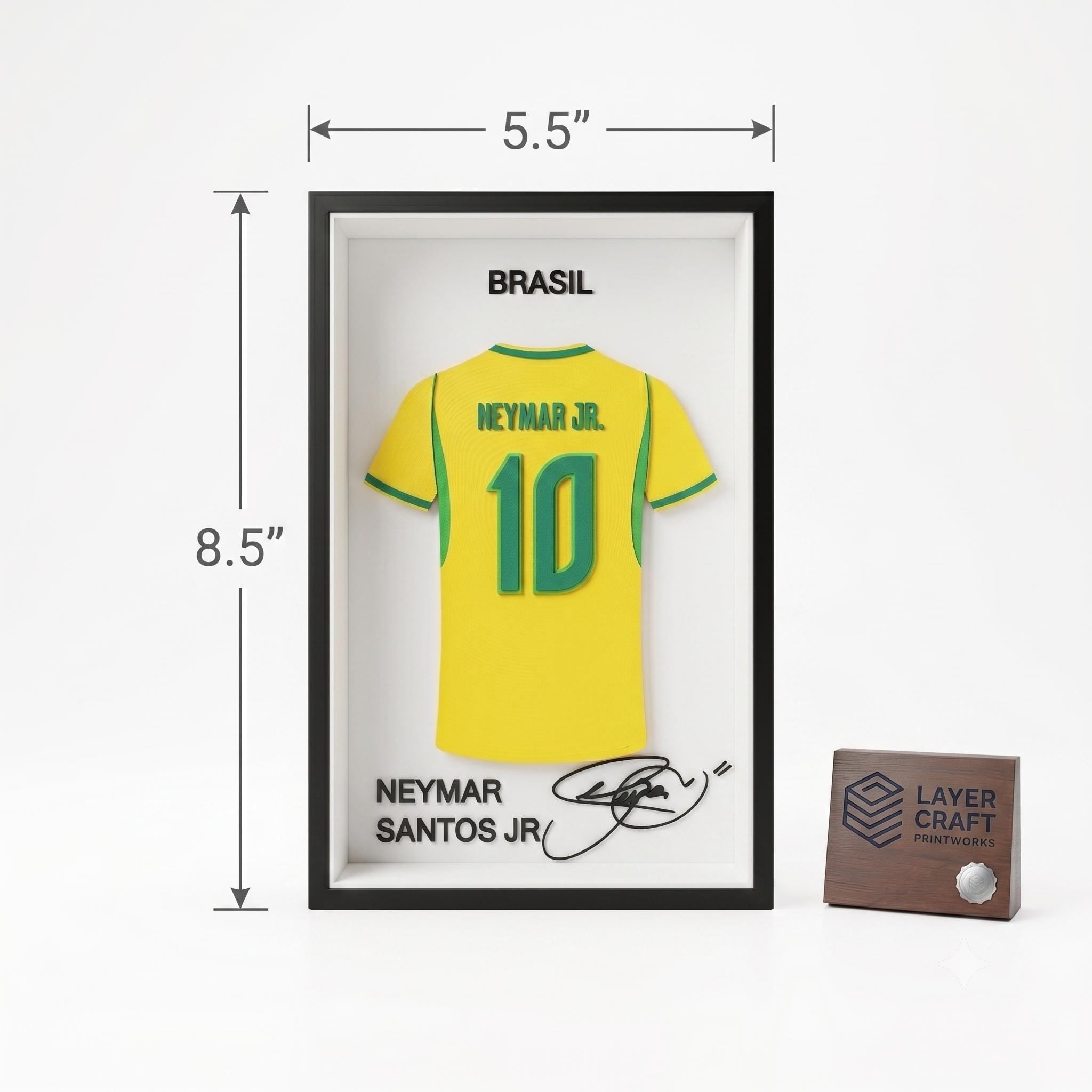 Neymar Jr Brazil 3D Printed Jersey Frame – Premium Layered Football Wall Art, Brazil Soccer Fan Desk Decor, Compact 8.5" x 5.5" Display