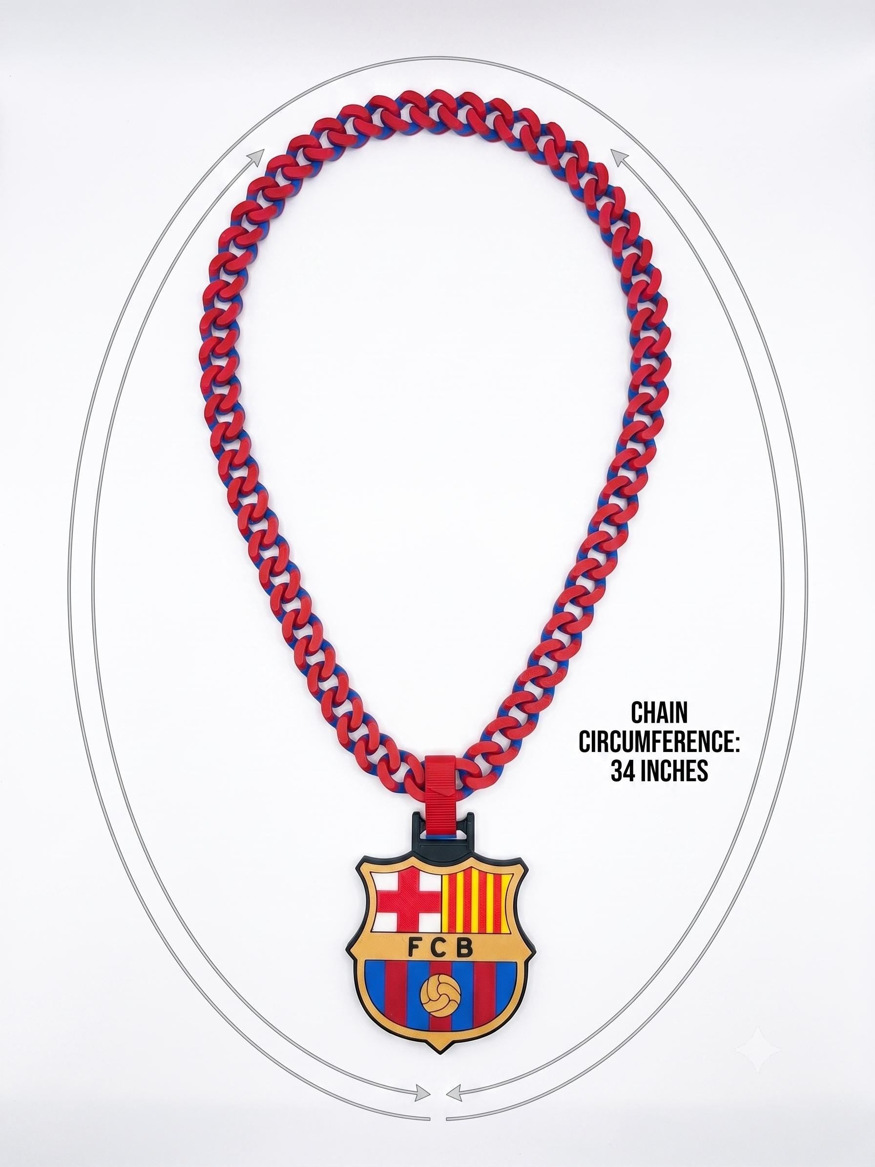 FC Barcelona Fan Chain Necklace | 3D Printed 34-Inch Blaugrana Soccer Pendant | Durable Match Day Gear & Gift for Barça Supporters