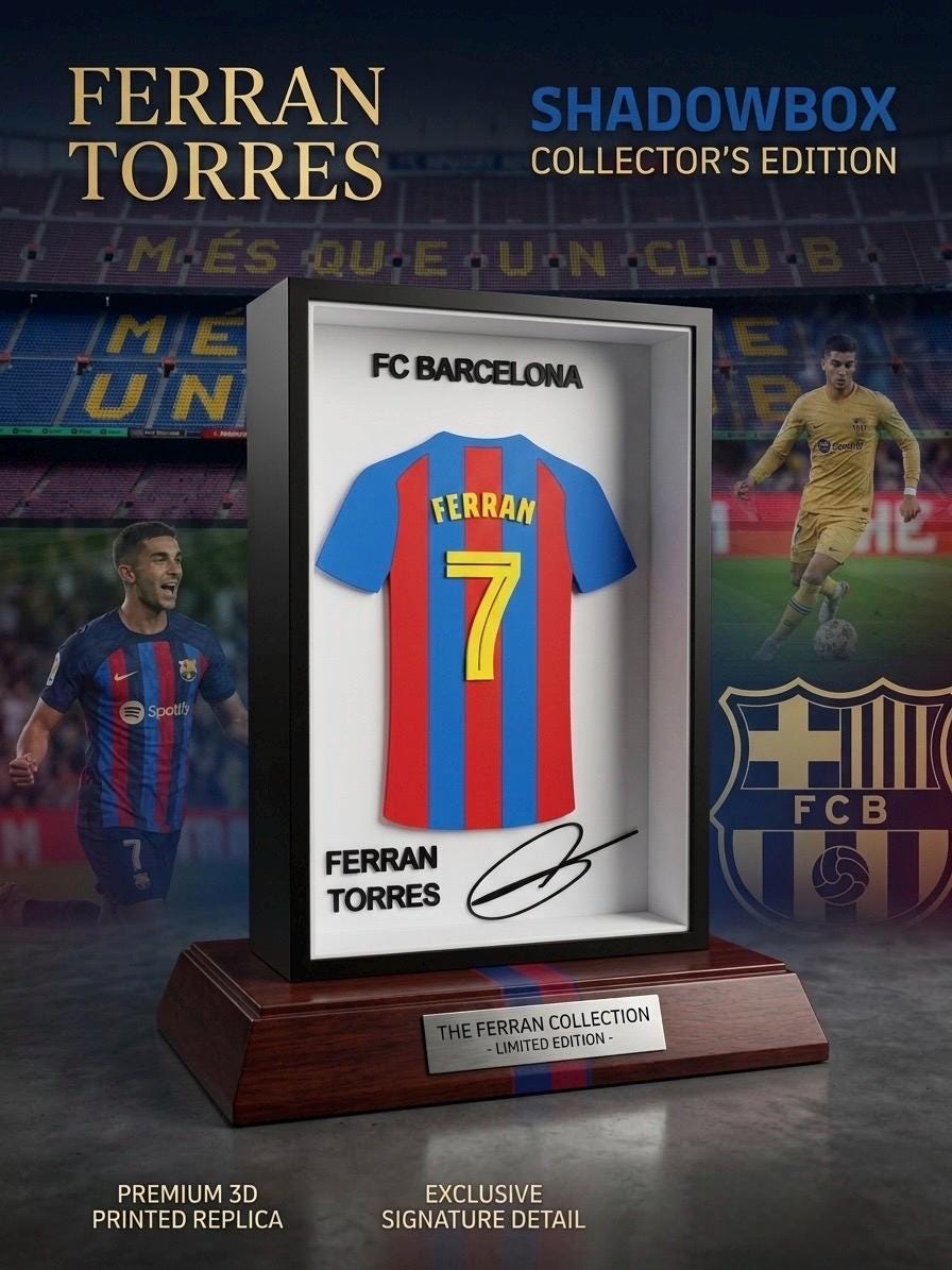 Ferran Torres FC Barcelona 3D Printed Jersey Shadowbox | Barça #7 Soccer Memorabilia | Football Fan Gift | FCB Desk Art Decor 5.5x8.5"