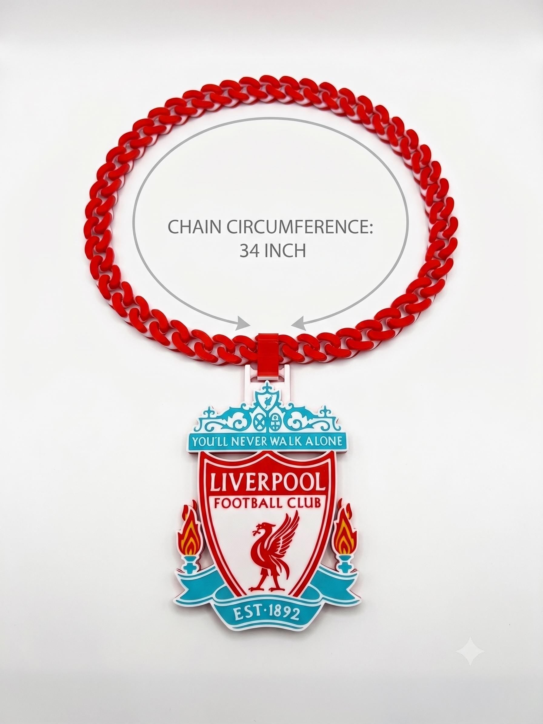 Liverpool FC Necklace | 3D Printed Chunky YNWA Soccer Chain | LFC Fan Gift | Premier League Football Club Crest Pendant | 34 Inch Chain