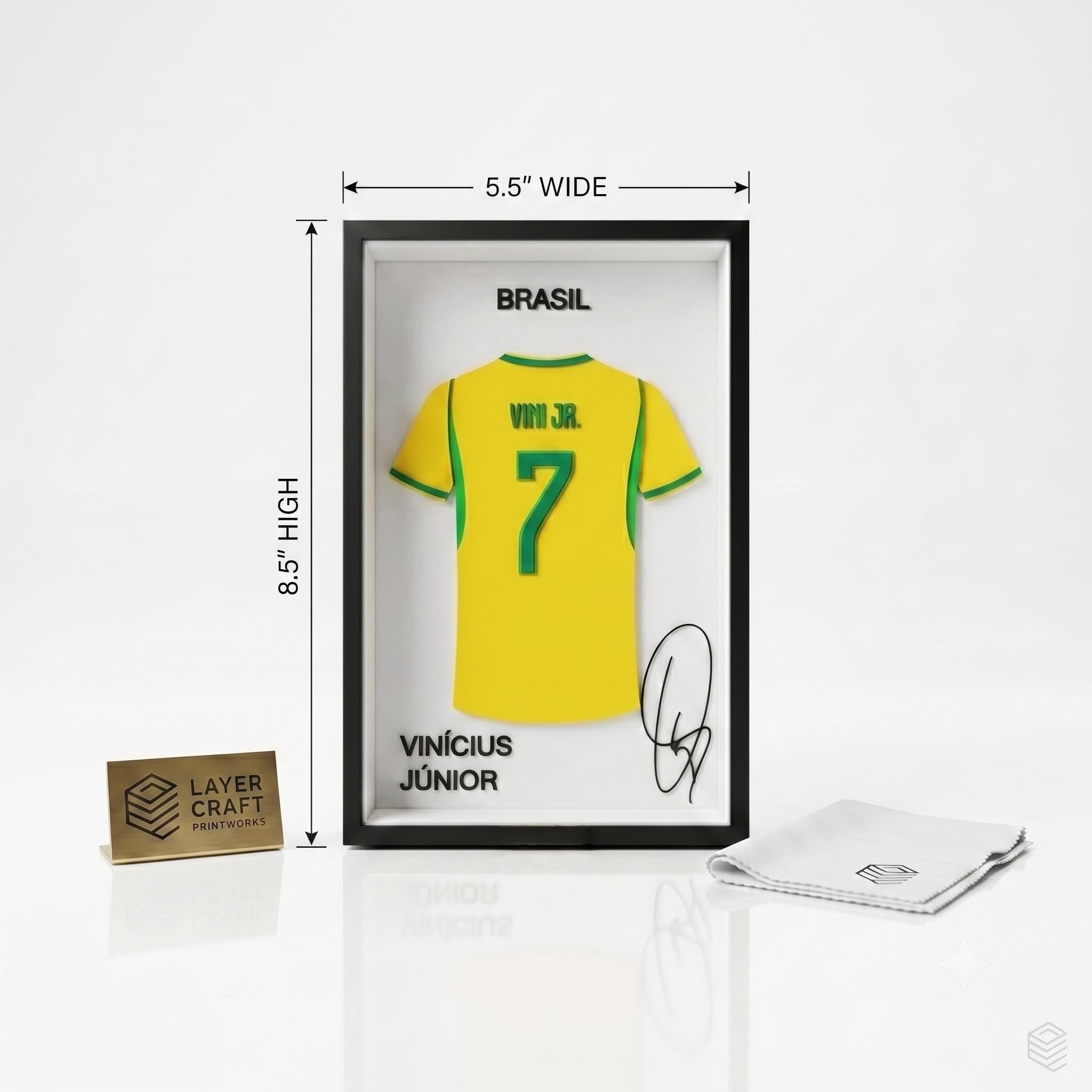 Vinicius Junior Brazil 3D Print Jersey Frame – Premium Layered Football Wall Art, Brazil Soccer Fan Desk Decor, Compact 8.5" x 5.5" Display
