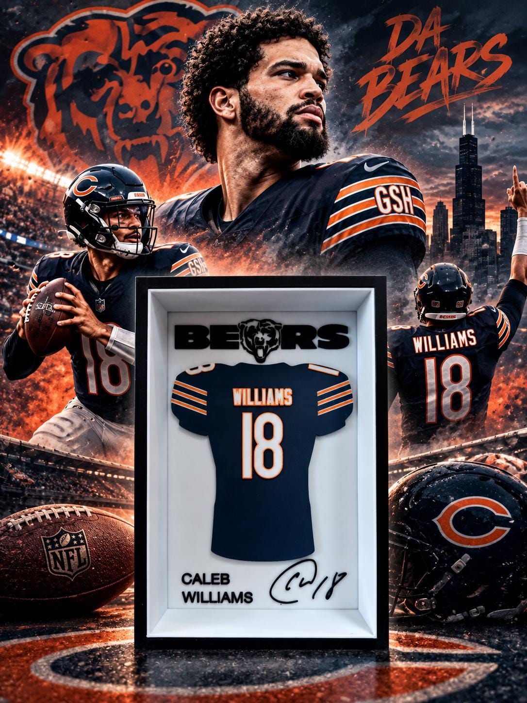 Caleb Williams Chicago Bears #18 3D Printed Jersey Shadowbox Frame | Custom Football Fan Memorabilia | Man Cave Sports Decor Gift