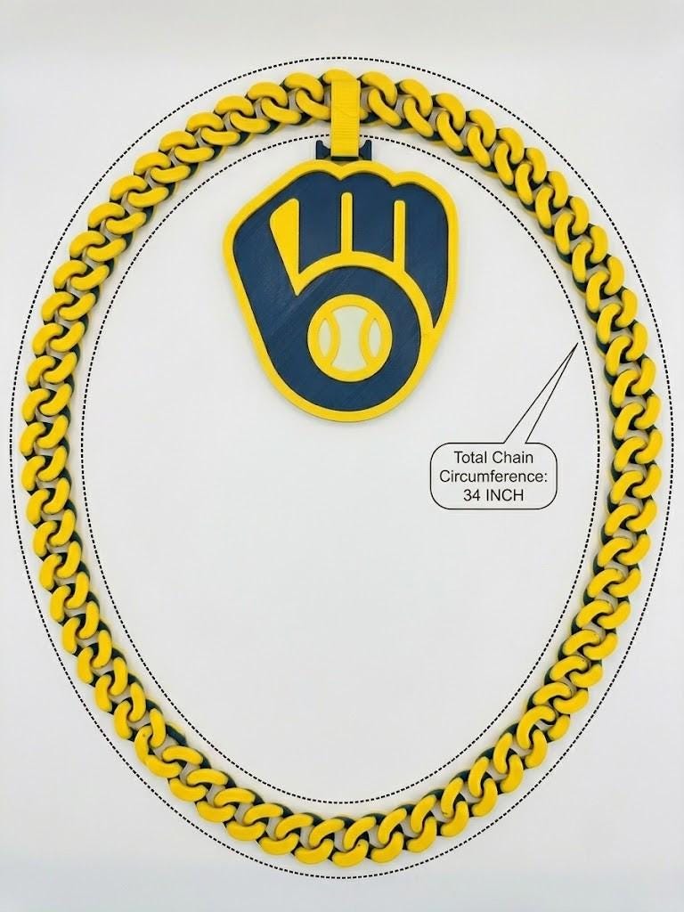 Milwaukee Brewers Necklace - 3D Printed 34 Inch Oversized MLB Fan Chain | Huge Baseball Medallion Bling | Milwaukee Game Day Jewelry Gear