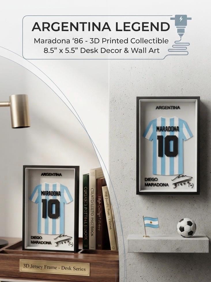 Maradona Argentina 86' 3D Printed Jersey Shadow Box | Maradona 10 Soccer Jersey Display | Desk Decor & Wall Art Jersey Frame