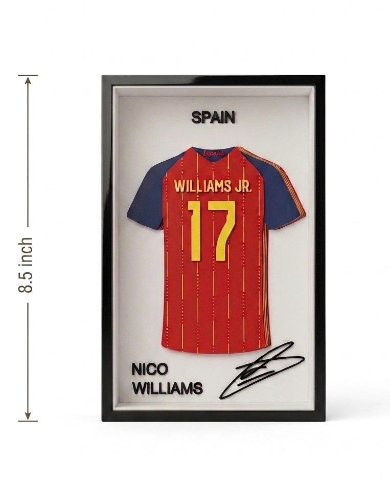 Nico Williams Spain 3D Printed Jersey Shadow Box | Spanish National Team Football Wall Art | Soccer Fan Gift | La Roja Sports Decor