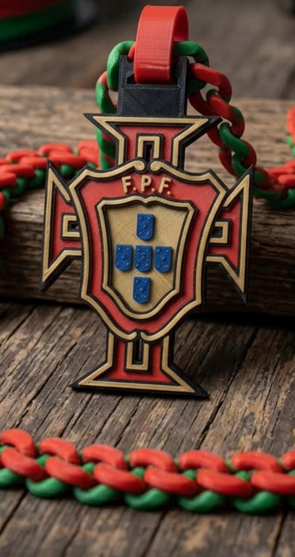 close up of Portuguese fpf logo with red and green chain on a wooden surface