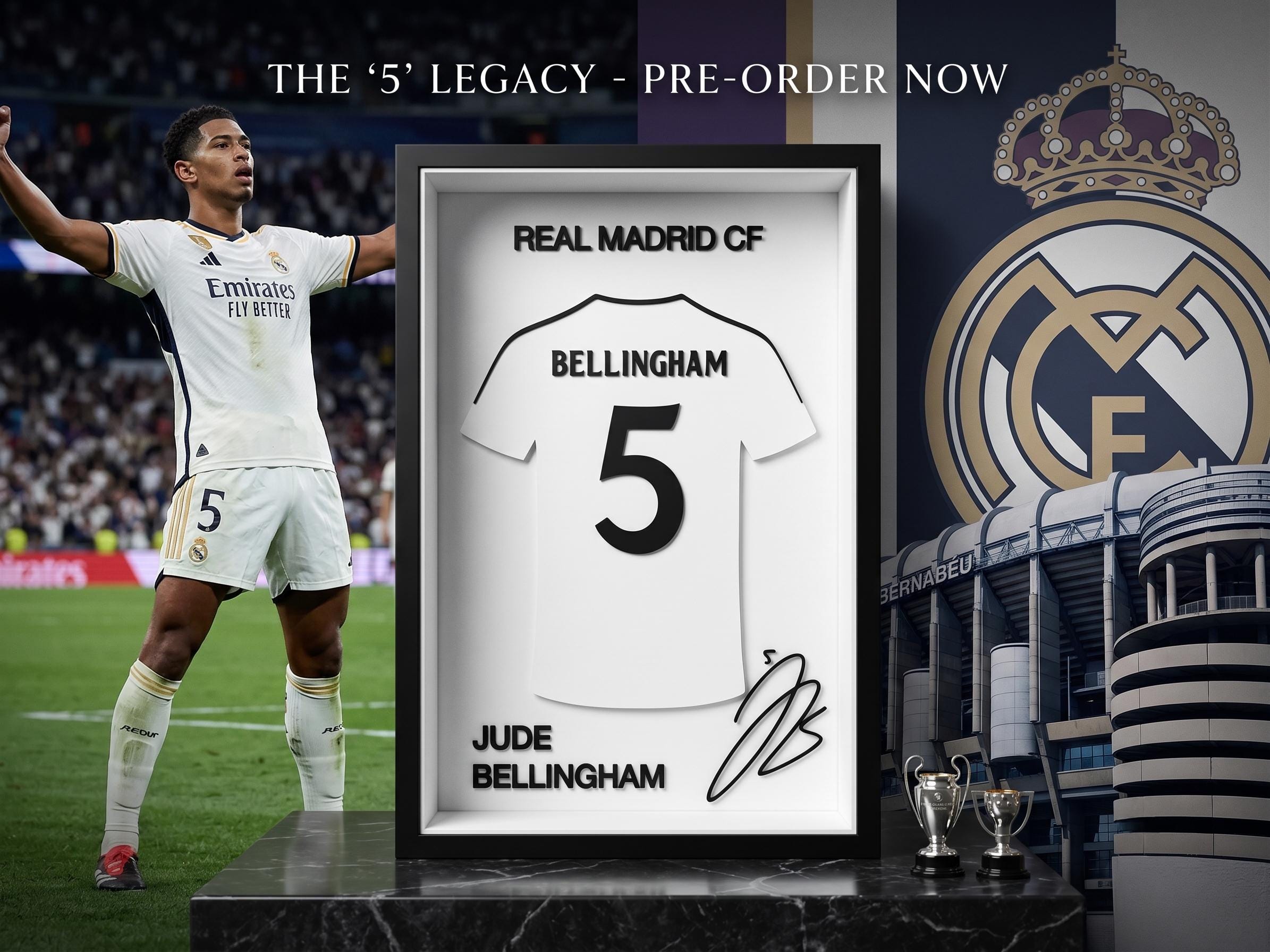 Jude Bellingham Real Madrid #5 Jersey Shadow Box - 3D Printed Desk, Shelf, Wall Decor - Back to School Dorm Room Gift for Soccer Fans