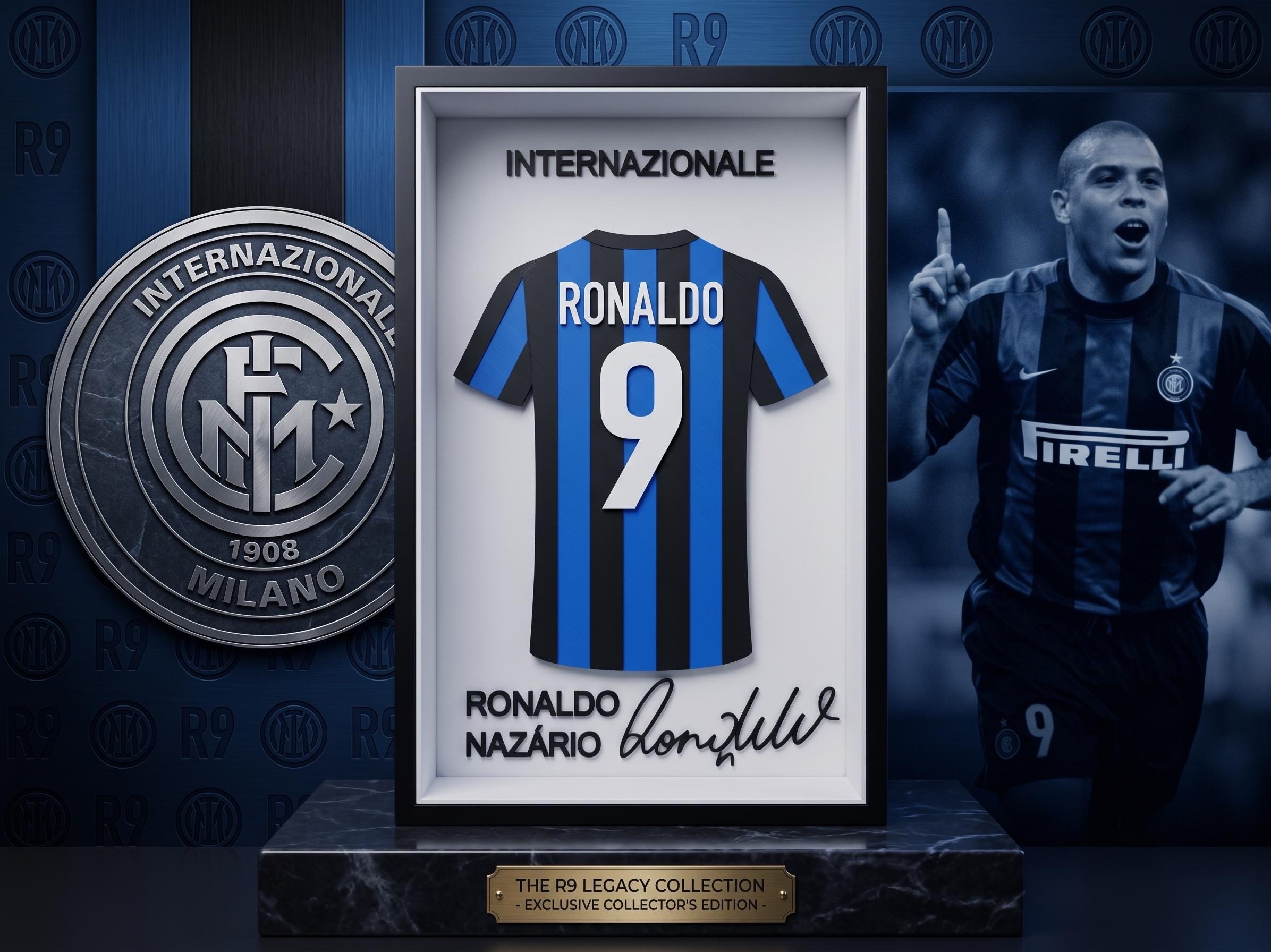 Ronaldo Nazário R9 Inter Milan 3D Printed Jersey Shadow Box | Legend Soccer Art | Desk, Shelf, or Wall Decor | Back to School Dorm Room Gift