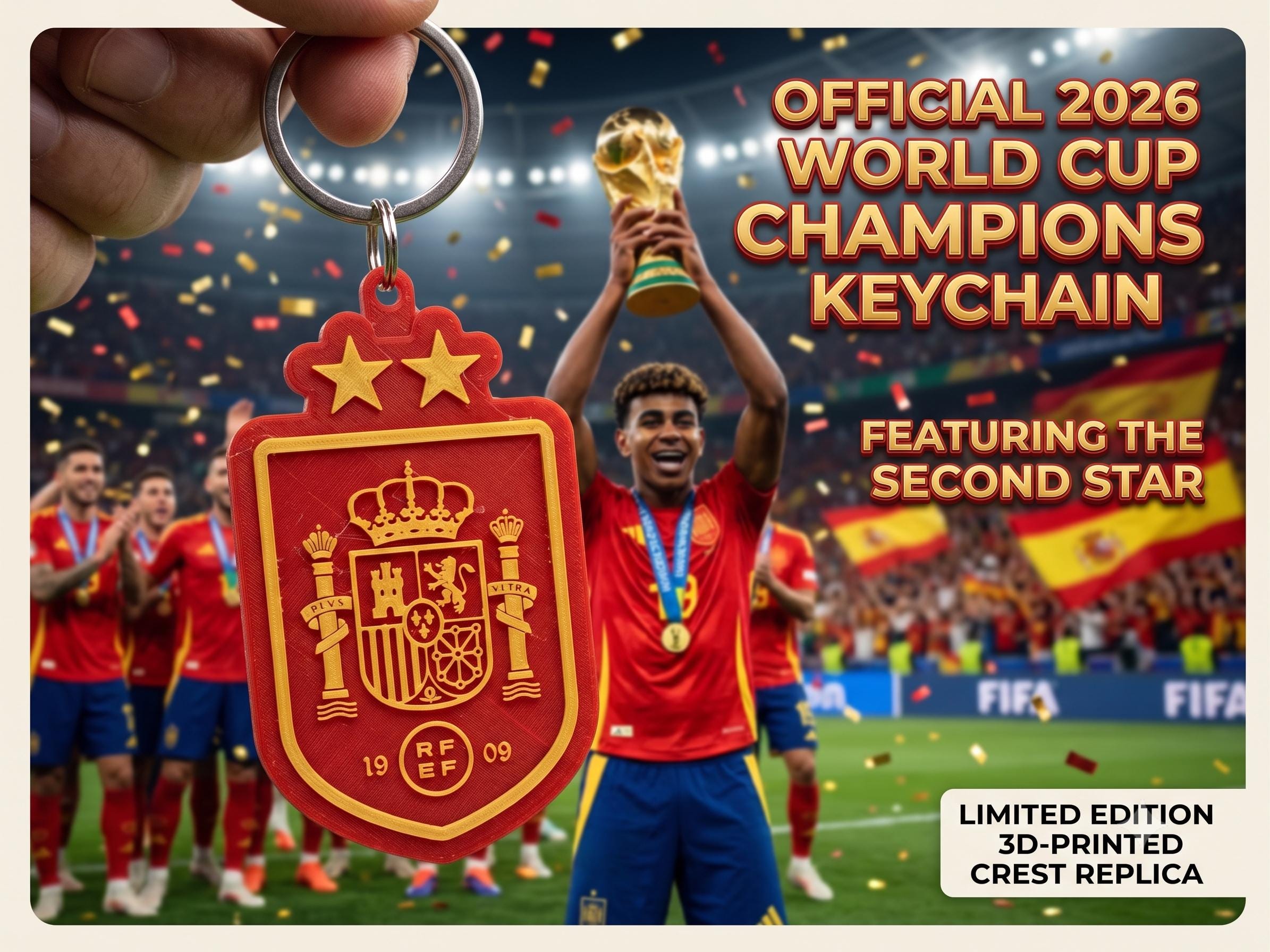 Spain 2026 World Cup Champions Keychain | 2 Stars RFEF Crest Keyring | Lamine Yamal La Roja Soccer Fan Gift | 3D Printed Football Bag Tag