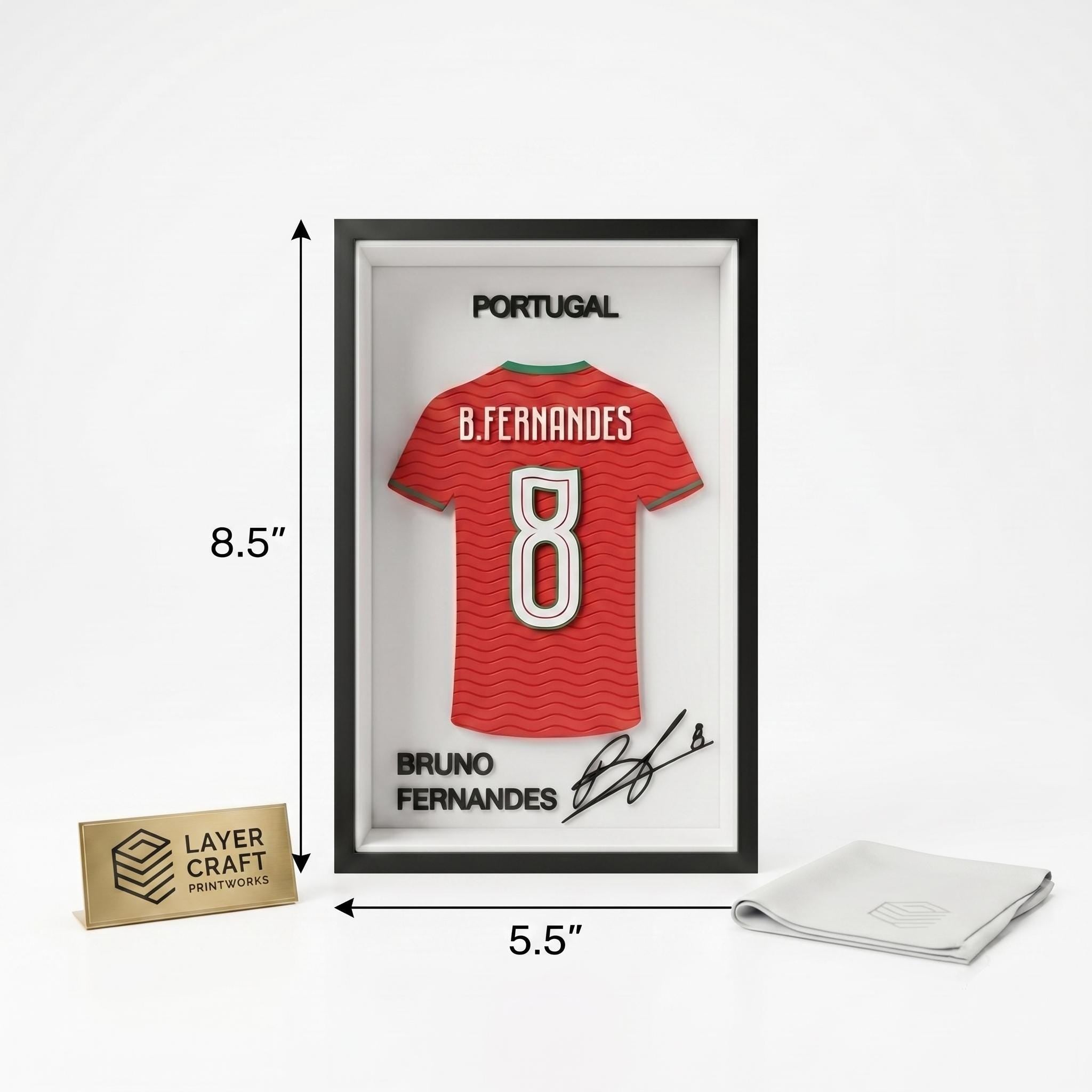 Bruno Fernandes Portugal 3D Printed Jersey Frame – Premium Layered Football Wall Art, Portugal Soccer Fan Desk Decor, 8.5" x 5.5" Display