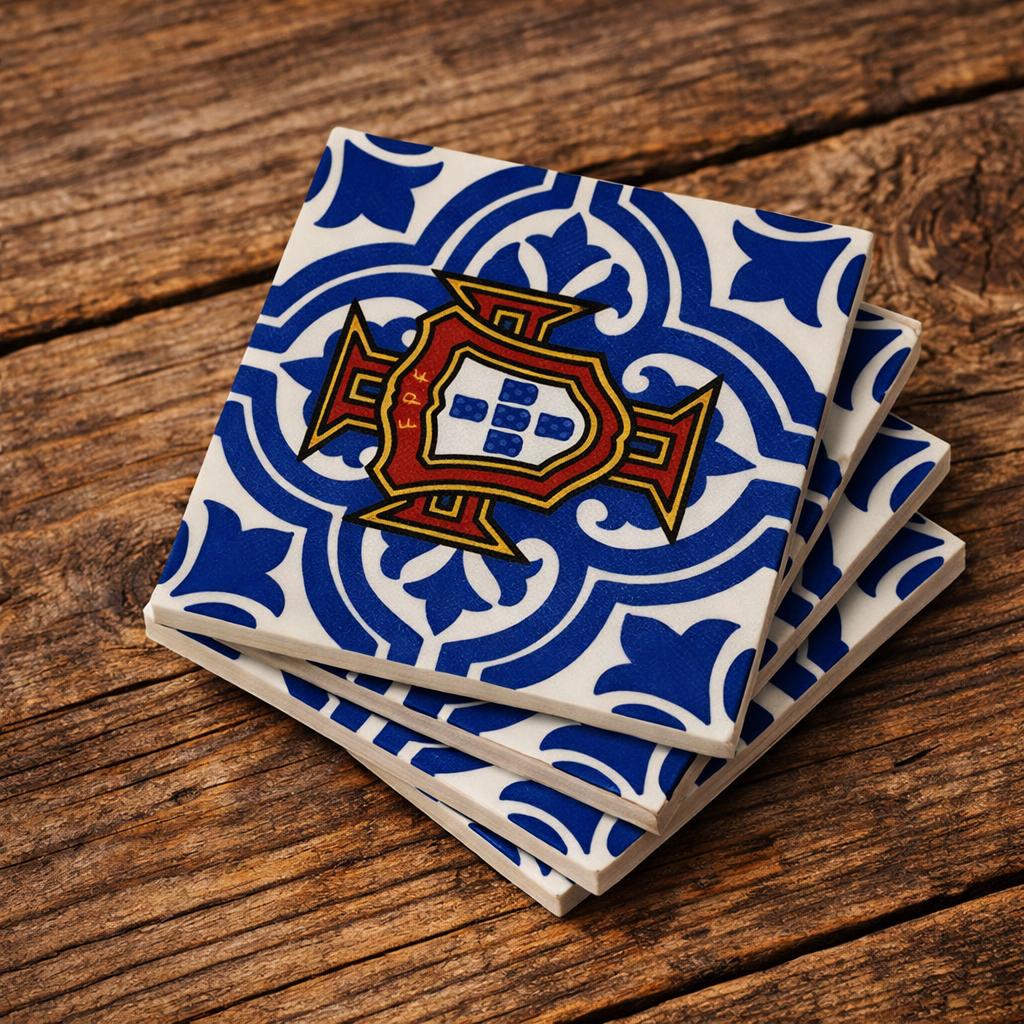 Portugal FPF Azulejo Coaster Set of 4 – 3D Printed Blue White – Handmade Football Gift for Fans- Mediterranean Decor – Portuguese Ronaldo WC