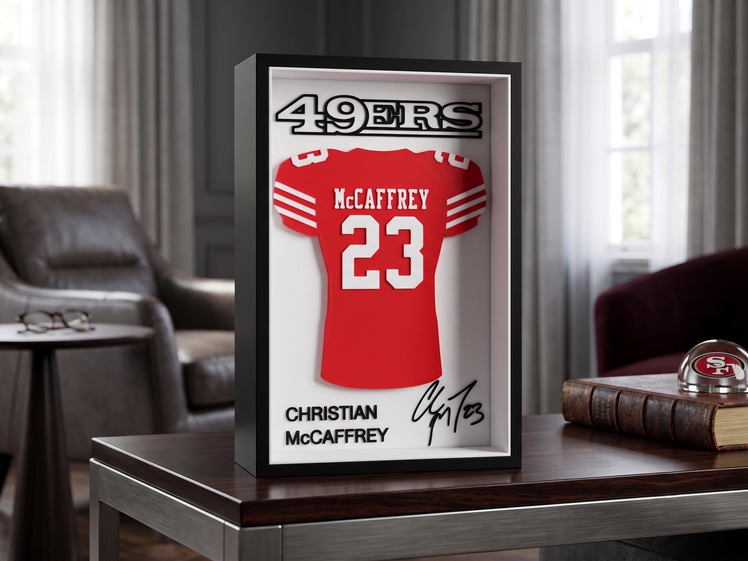 San Francisco 49ers Christian McCaffrey CMC 23 NFL 3D Printed Jersey Shadow Box - Football Memorabilia - Niners Desk Decor, Shelf, Wall Art