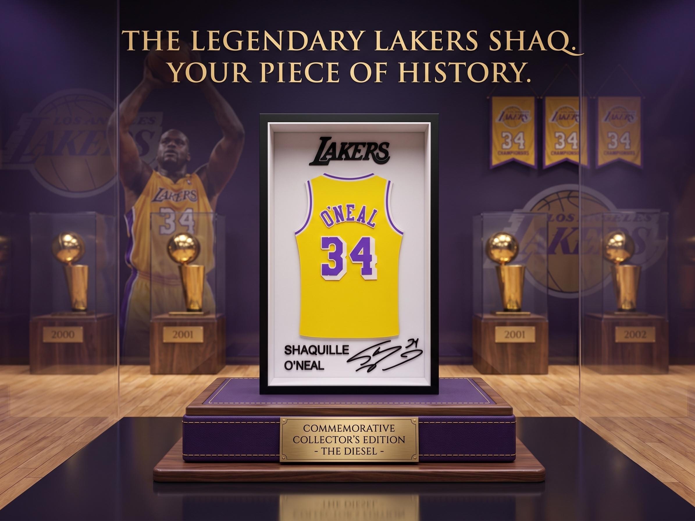 Shaq Lakers Jersey Shadow Box | NBA 3D Printed Basketball Wall & Desk Art | Dorm Room Decor, Back to School Gift for Men, Sports Shelf Decor