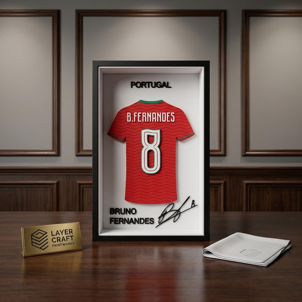 Bruno Fernandes Portugal 3D Printed Jersey Frame – Premium Layered Football Wall Art, Portugal Soccer Fan Desk Decor, 8.5" x 5.5" Display