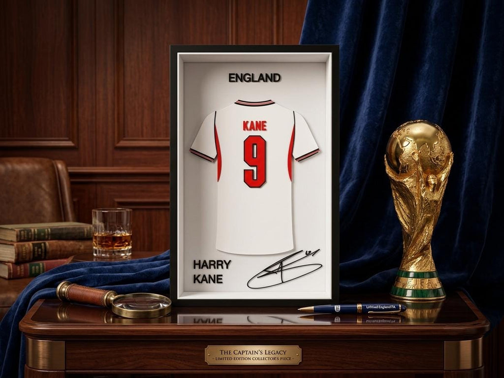 Harry Kane England Jersey 3D Printed Frame | Three Lions Soccer, Football Wall Art, Sports Desk Decor, Memorabilia Shadow Box Display