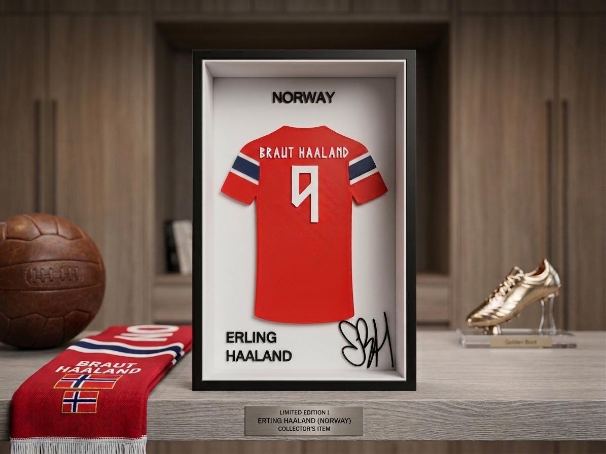 Erling Haaland Norway Jersey 3D Printed Frame, Football Wall Art, Soccer Desk Decor, Man Cave Sports Gift, Striker Shadow Box Display