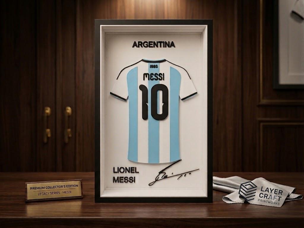 Lionel Messi Argentina 3D Printed Jersey Frame – Premium Desktop Football Decor, Soccer Fan Gift, Layered World Cup Finals WallArt Display