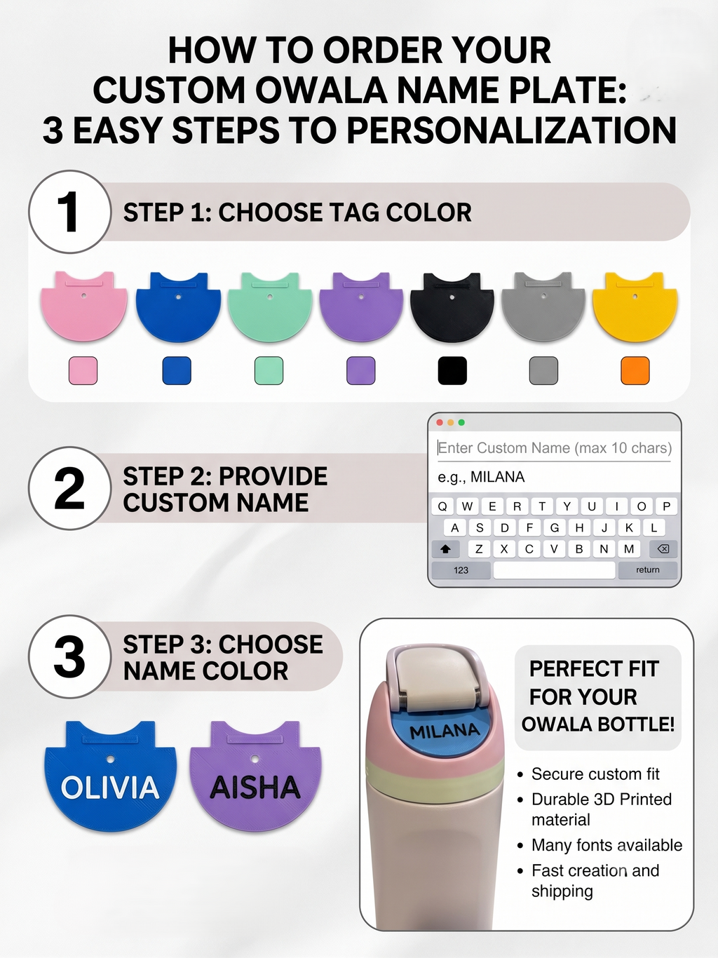 OWALA water bottle tag in custom color and font