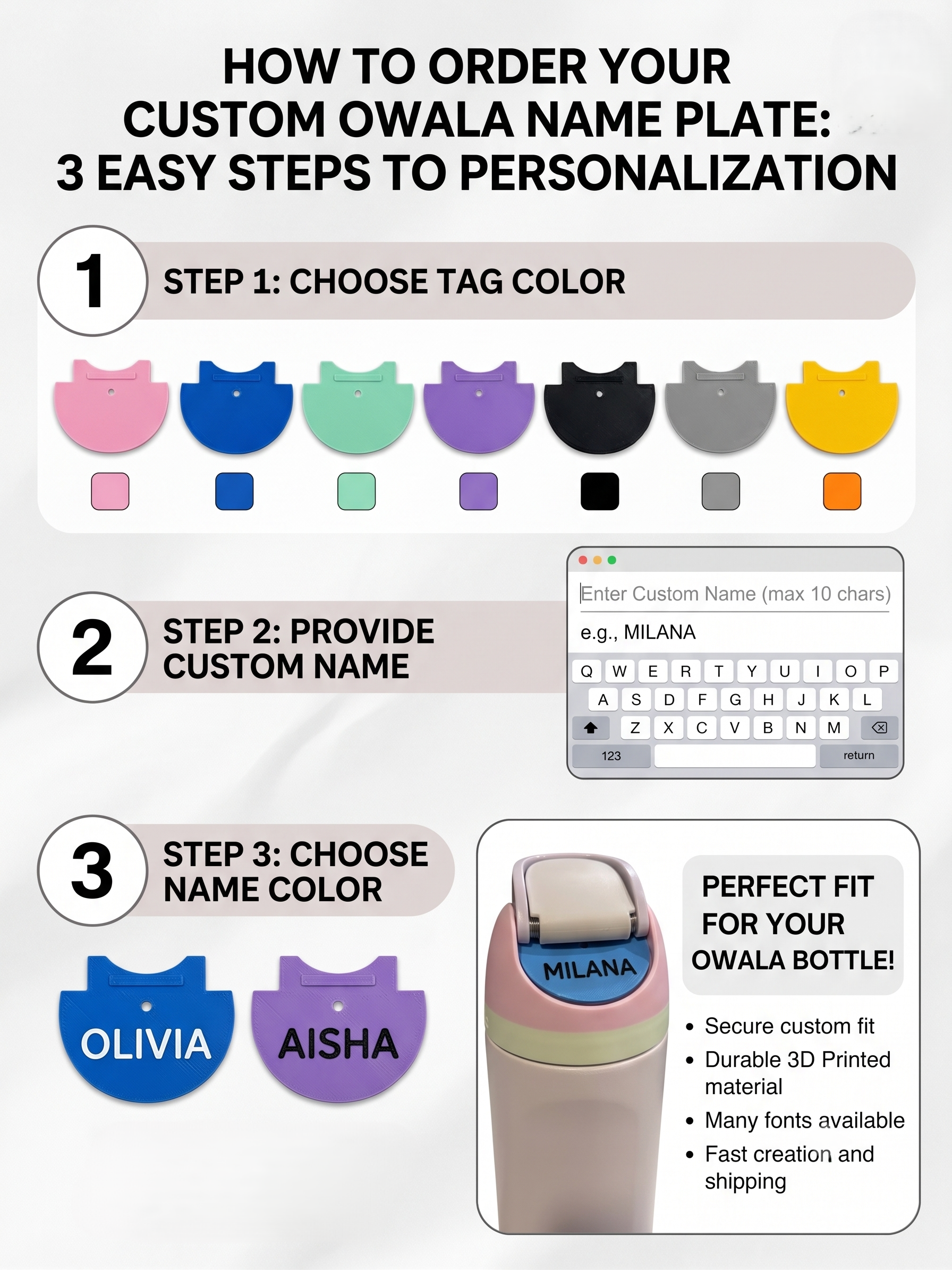 OWALA water bottle tag in custom color and font