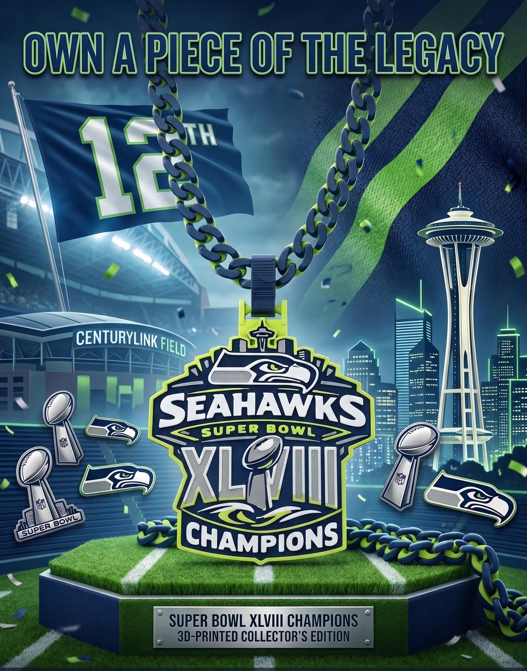 Seattle Seahawks Super Bowl Chain |NFL 34" Fan Necklace & Pendant