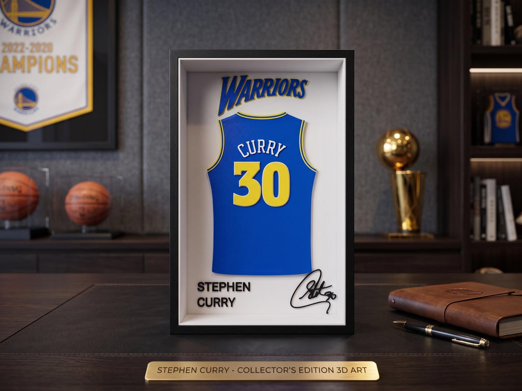 Steph Curry 3D Printed Jersey Shadow Box | Golden State Warriors NBA Basketball Decor | Sports Desk & Shelf Art | Gift for Warriors Fan