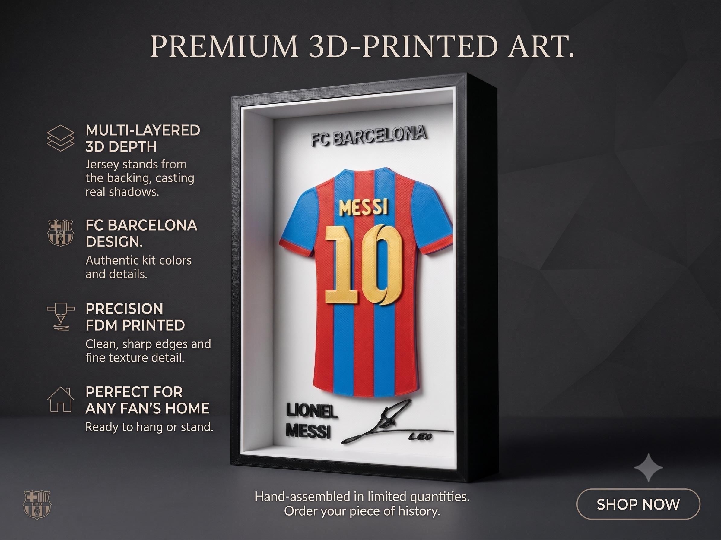 Messi Jersey Shadow Box 3D Printed • Barcelona Jersey Display • Messi Gift for Fans • Football Decor • Lionel Messi • Desk & Shelf Display