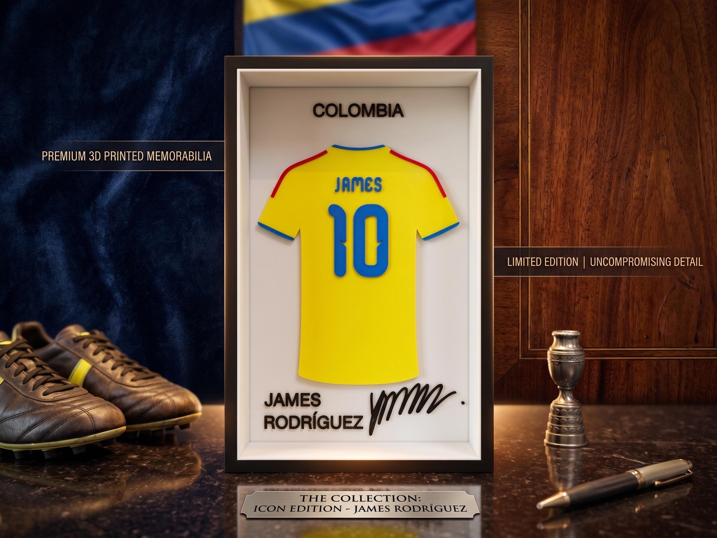 James Rodriguez Colombia 3D Printed Jersey Frame – No. 10 Memorabilia Football Gift, Soccer Desk Decor & Wall Art, Cafeteros Fan Collectible