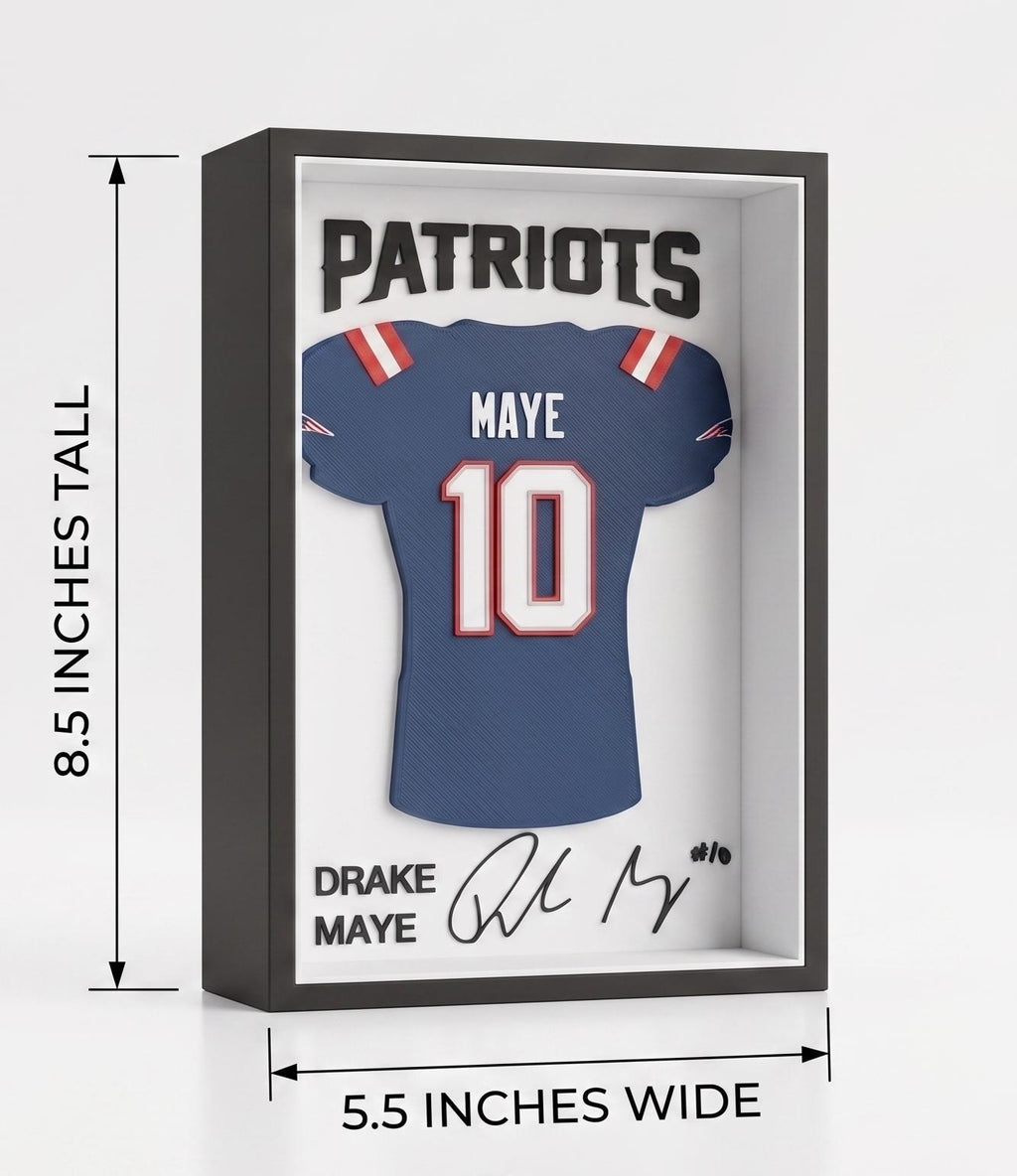 Drake Maye Shadow Box Jersey Frame - 3D Printed New England Patriots Wall Art, NFL Desk Decor, Patriots Fan Gift, Football Shelf Decor