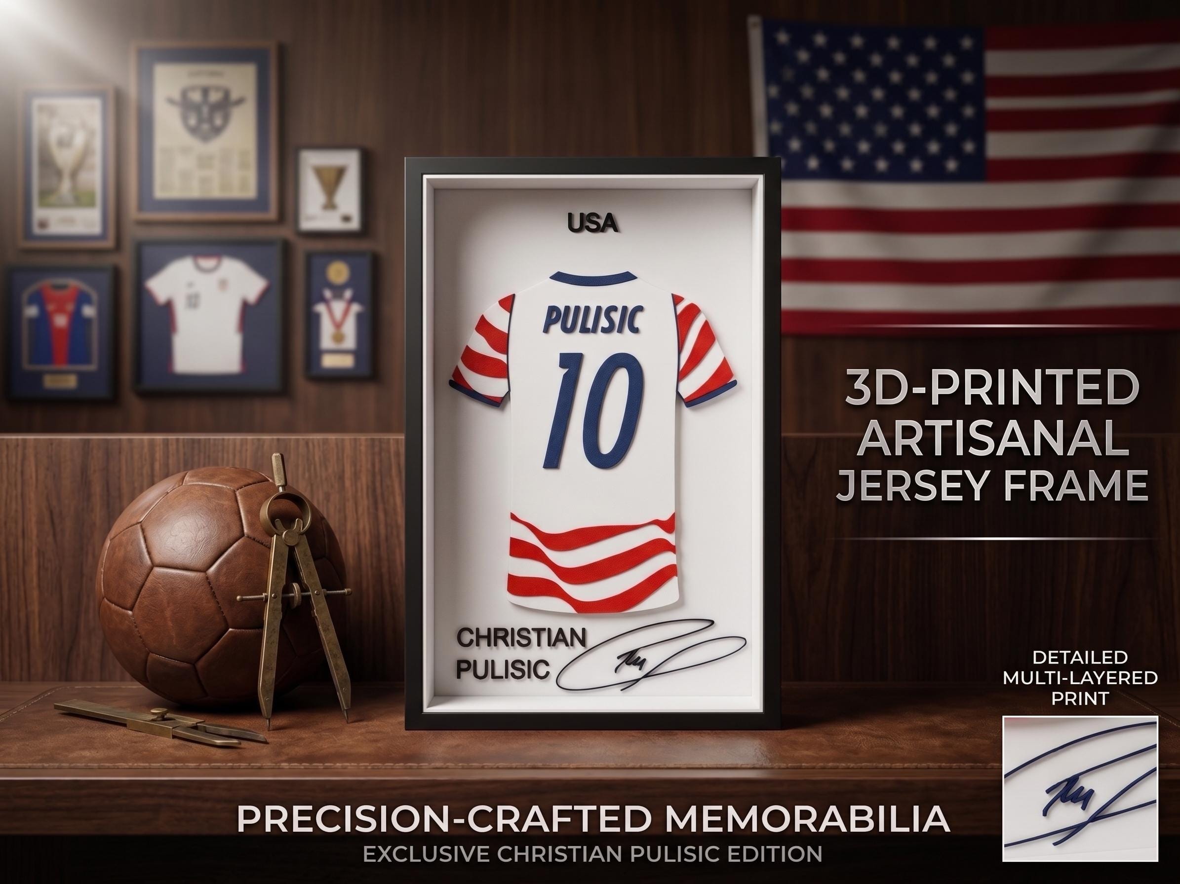 Christian Pulisic USMNT 3D Printed Jersey Frame – Soccer Desk Decor & Wall Art – US Men's National Team Multi -Layer Memorabilia Gift