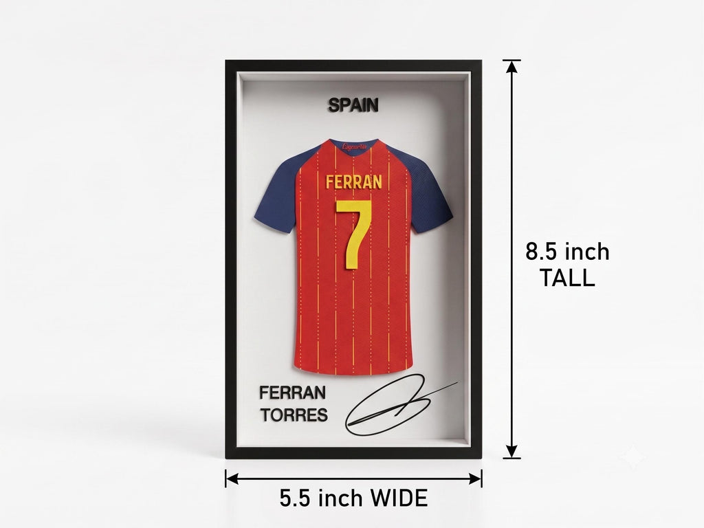 Ferran Torres Spain 3D Printed Jersey Shadow Box | 2026 World Cup Game Winning Goal Scorer Art | Soccer Desk & Wall Decor | Dorm Room