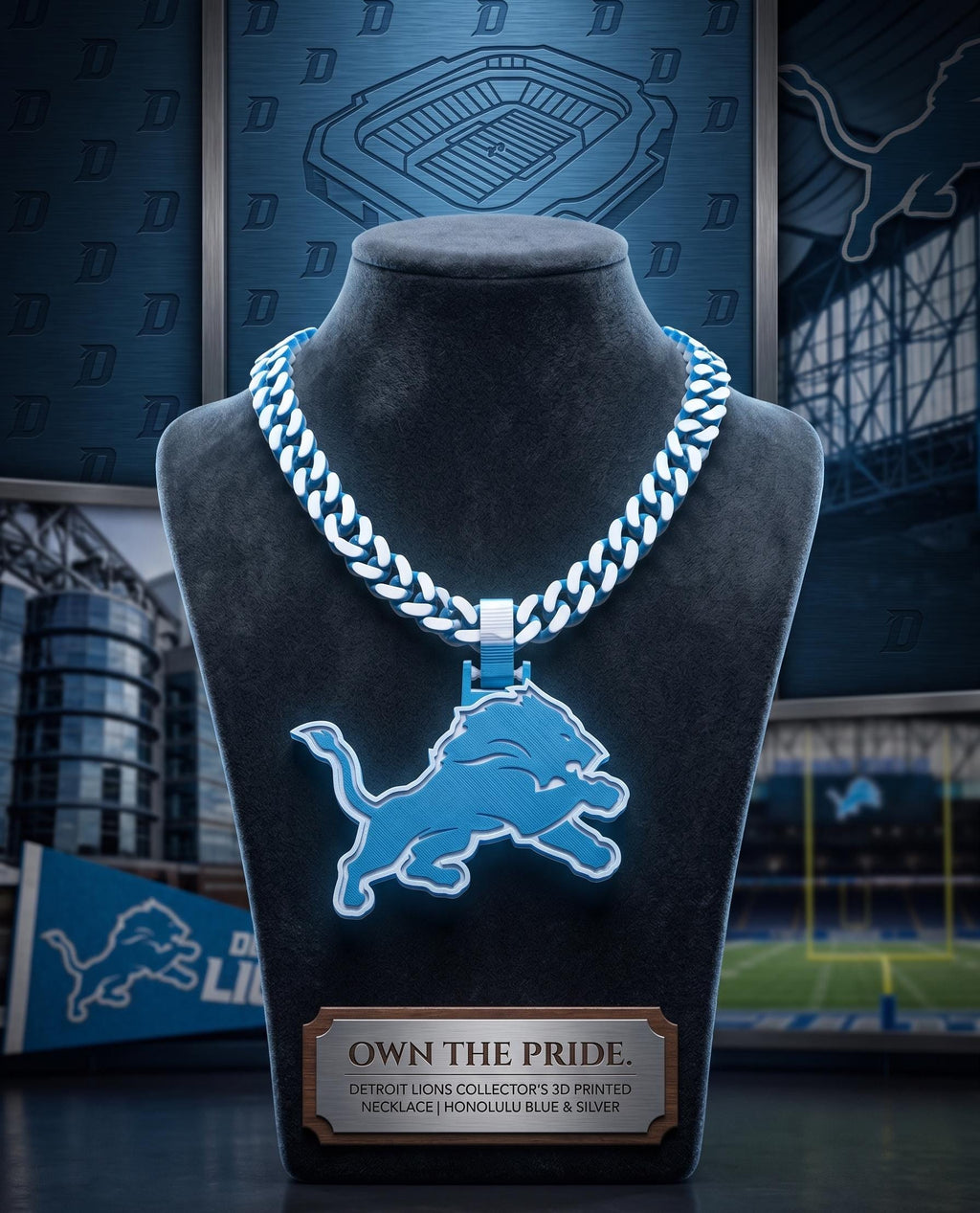 Detroit Lions Turnover Chain | NFL 34" Chunky Honolulu Blue Football Necklace