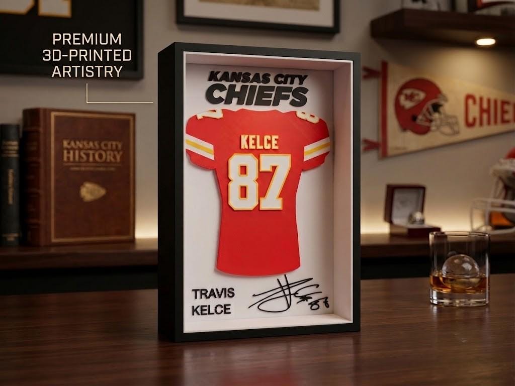 Travis Kelce 3D Printed Jersey Shadow Box | KC Chiefs Desk Decor & Wall Art | NFL Kansas City Football Fan Gift, Kelce 87 Memorabilia