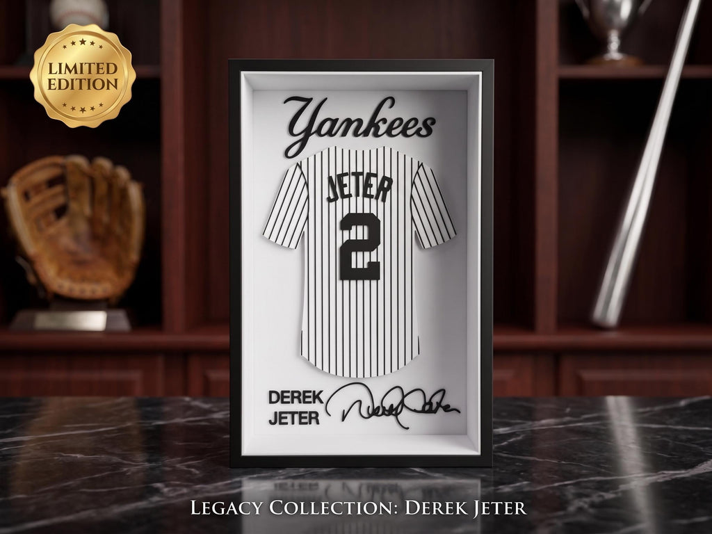 Derek Jeter New York Yankees 3D Printed Jersey Shadow Box – No. 2 "The Captain" – Wall Decor, Desk & Shelf Sports Memorabilia Fan Gift