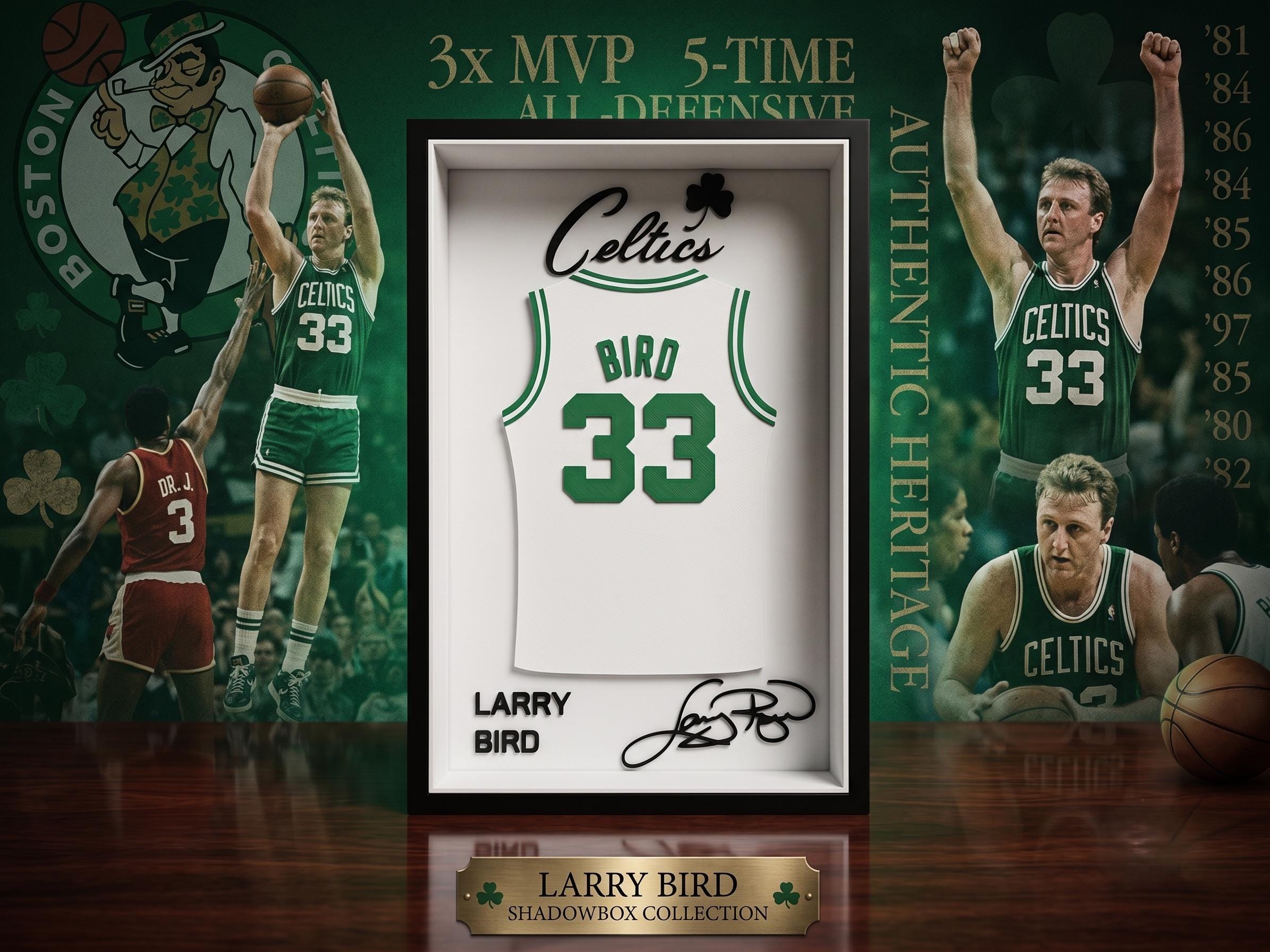 3D Printed Larry Bird Boston Celtics Jersey Shadow Box | NBA Basketball Desk & Wall Decor | Back to School Dorm Room Art | Sports Fan Gift