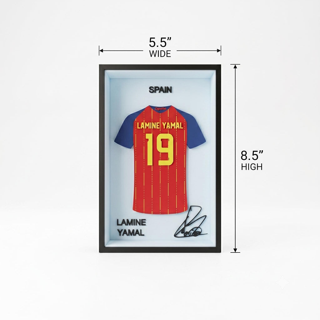 Lamine Yamal Spain 3D Printed Jersey Frame – Premium Layered Football Wall Art, Spain Soccer Fan Desk Decor, Compact 8.5" x 5.5" Display