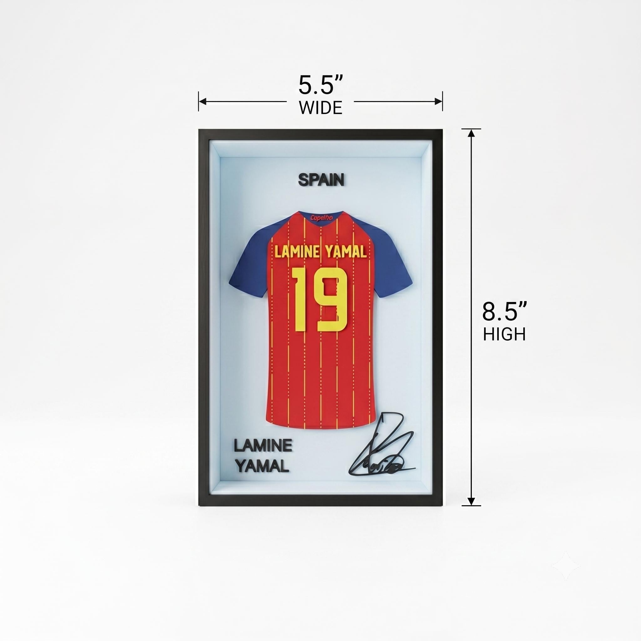 Lamine Yamal Spain 3D Printed Jersey Frame – Premium Layered Football Wall Art, Spain Soccer Fan Desk Decor, Compact 8.5" x 5.5" Display