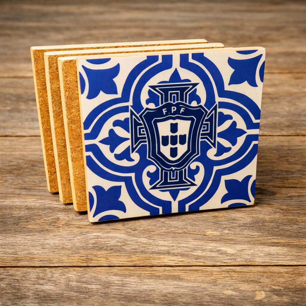 Portugal FPF Azulejo Coaster Set of 4 – 3D Printed Blue White Away Theme – Handmade Football Gift for Fans- Mediterranean Decor – Ronaldo