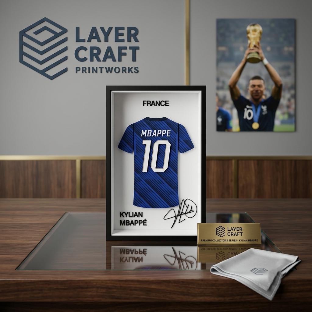 Kylian Mbappe France 3D Printed Jersey Frame – Premium Layered Football Wall Art, France Soccer Fan Desk Decor, Compact 8.5" x 5.5" Display