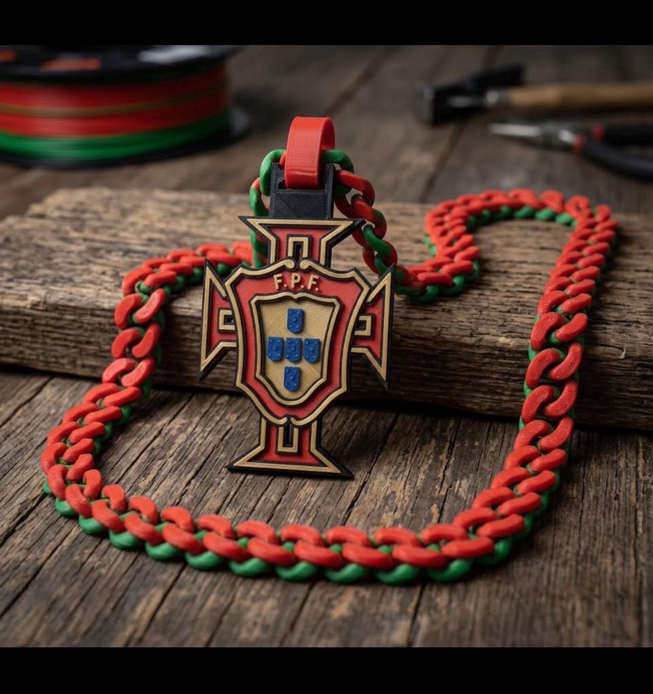 Portugal FPF logo with red and green chain on a wooden surface